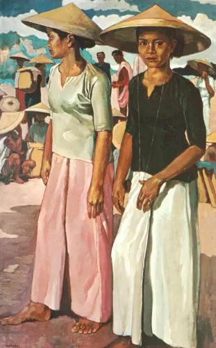 Dua Gadis Memakai Tjaping (1957) karya Henk Ngantung - Pelukis Terkenal Indonesia